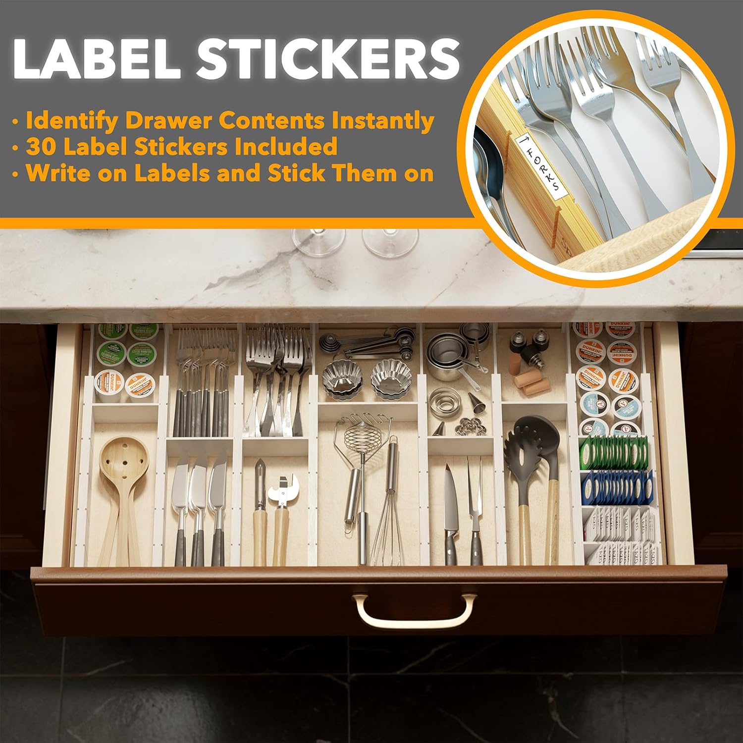 SpaceAid Bamboo Drawer Dividers with Inserts and Labels, Kitchen Adjustable Drawer Organizers, Expandable Organization for Home, Office, Dressers, 10 Dividers with 24 Inserts (17"-22" White)