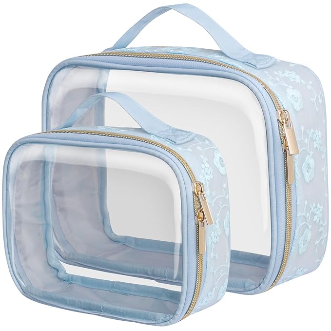 PACKISM Floral Texture Lace TSA Approved Toiletry Bag - 180° Large Opening Clear Makeup Bags in 2 Size, TSA Clear Toiletry Bag with Handle, 0.5 mm Thick Non-deformable No Smell, Blue