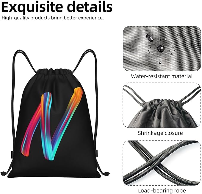 Drawstring Bags Initial Drawstring Backpack Sackpack Black Draw String Cinch Bags for Sports, Gym, Travel, Swimming, Beach, Camping, Rainbow Letter N