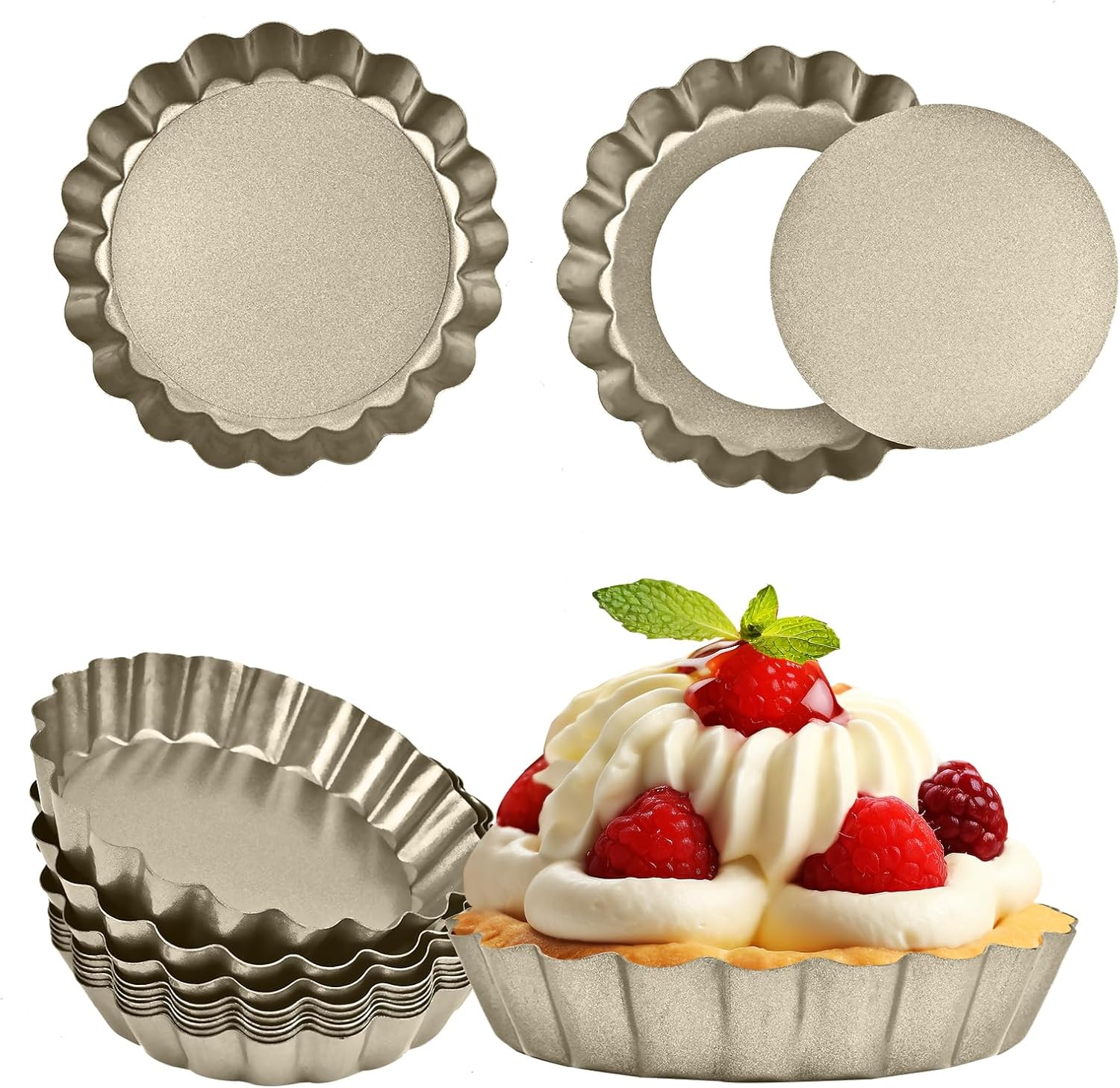 Mini Tart Pan 12PCS, 4 Inch Tart Pan Removable Bottom Non-Stick Tin, 0.9 Inches High Suitable for DIY Making Small Tarts at Home. Champagne Gold Appearance.