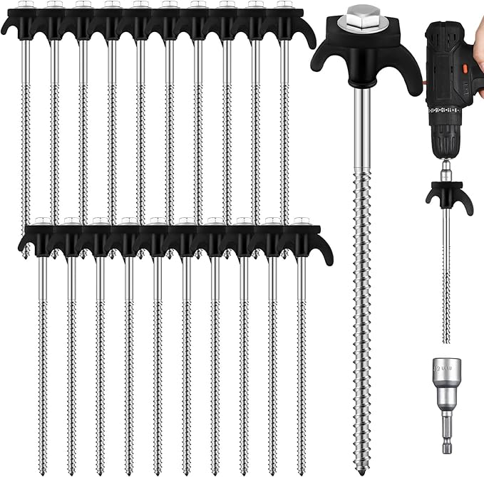 20 Pcs 8" Screw in Tent Stakes Heavy Duty Tent Stakes Drillable Ground Anchors Screw Metal Tent Pegs Threaded Tent Spikes with Head Driver for Swing Inflatable Decor (Black)