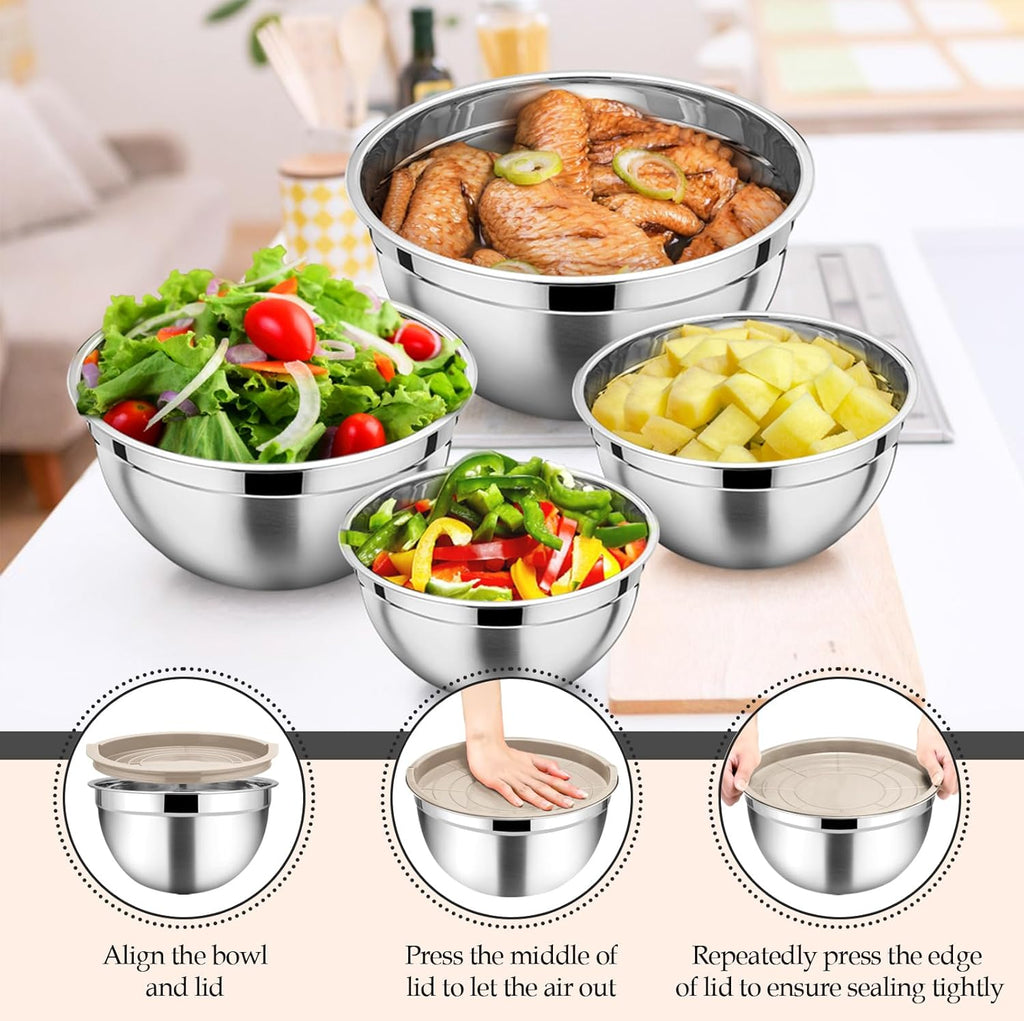 TeamFar Mixing Bowls, 6PCS Stainless Steel Nesting Mixing Salad Bowl with Lids & 3 Grater Attachments, for Food Cooking Baking Storing, Healthy, Khaki - 4.6/2.6/2 / 1.5/1 / 0.7 QT