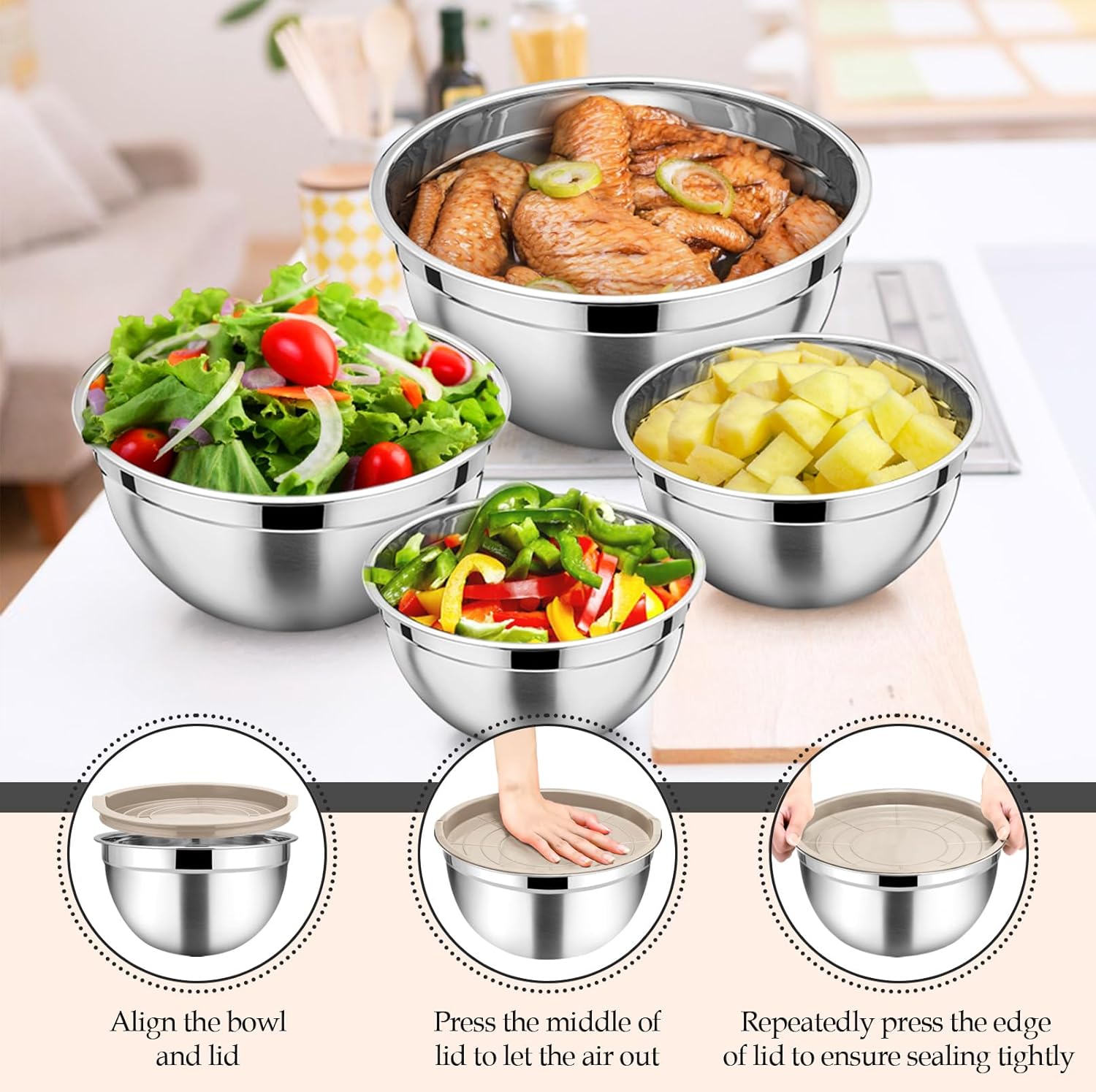 TeamFar Mixing Bowls, 6PCS Stainless Steel Nesting Mixing Salad Bowl with Lids & 3 Grater Attachments, for Food Cooking Baking Storing, Healthy, Khaki - 4.6/2.6/2 / 1.5/1 / 0.7 QT