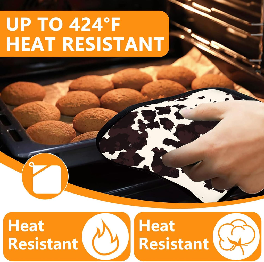 Black Cow Print Oven Mitts and Pot Holders Sets 4Pcs,Extra Long Oven Gloves Potholder for Kitchen Cooking Baking BBQ 100% Cotton Heat Resistant