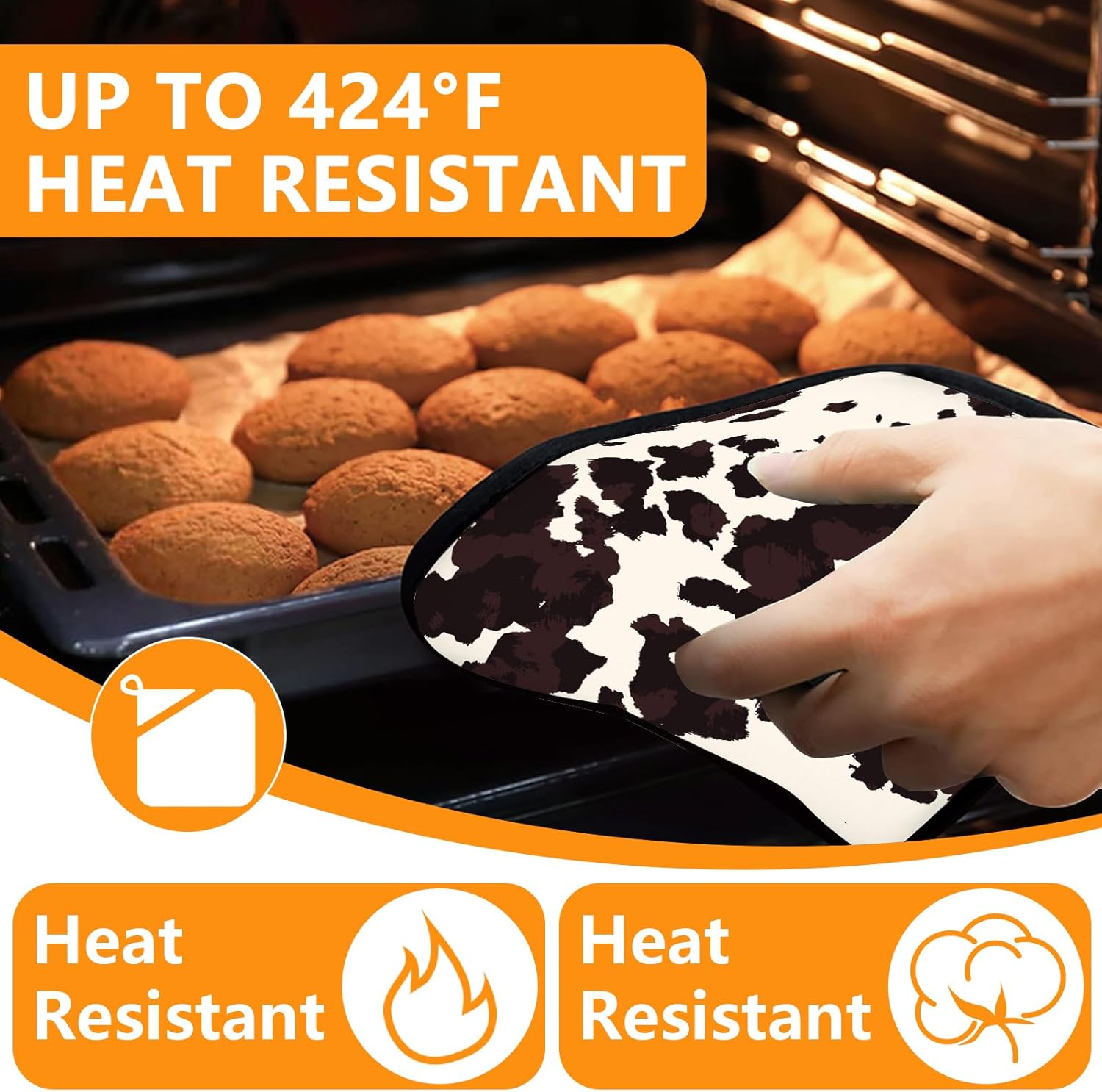 Black Cow Print Oven Mitts and Pot Holders Sets 4Pcs,Extra Long Oven Gloves Potholder for Kitchen Cooking Baking BBQ 100% Cotton Heat Resistant