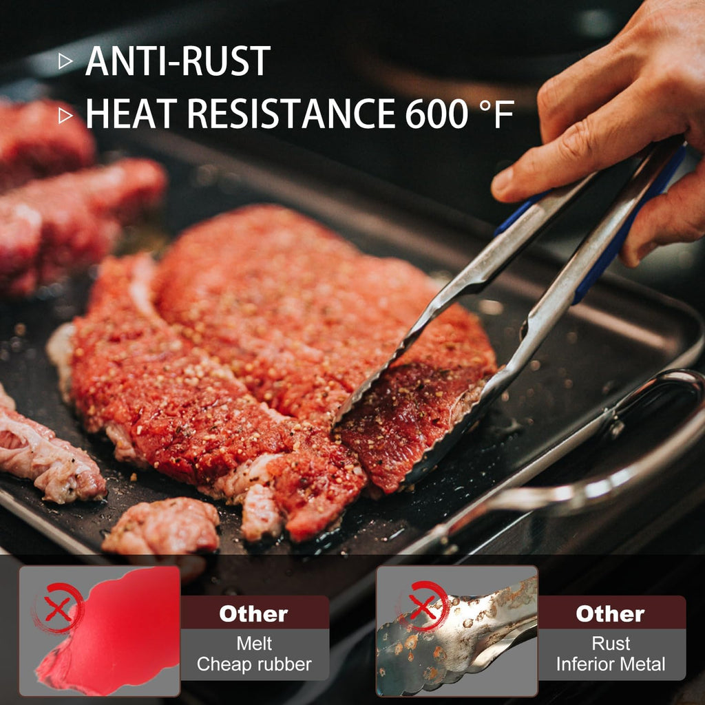 Tongs For Cooking - Heat Resistant 600 Degrees Stainless Steel Kitchen Tong, Heavy Duty Metal Locking Tongs - For Food,Salad, grilling, BBQ 7",9" & 12 inch, set of 3 Dishwasher Safe Blue