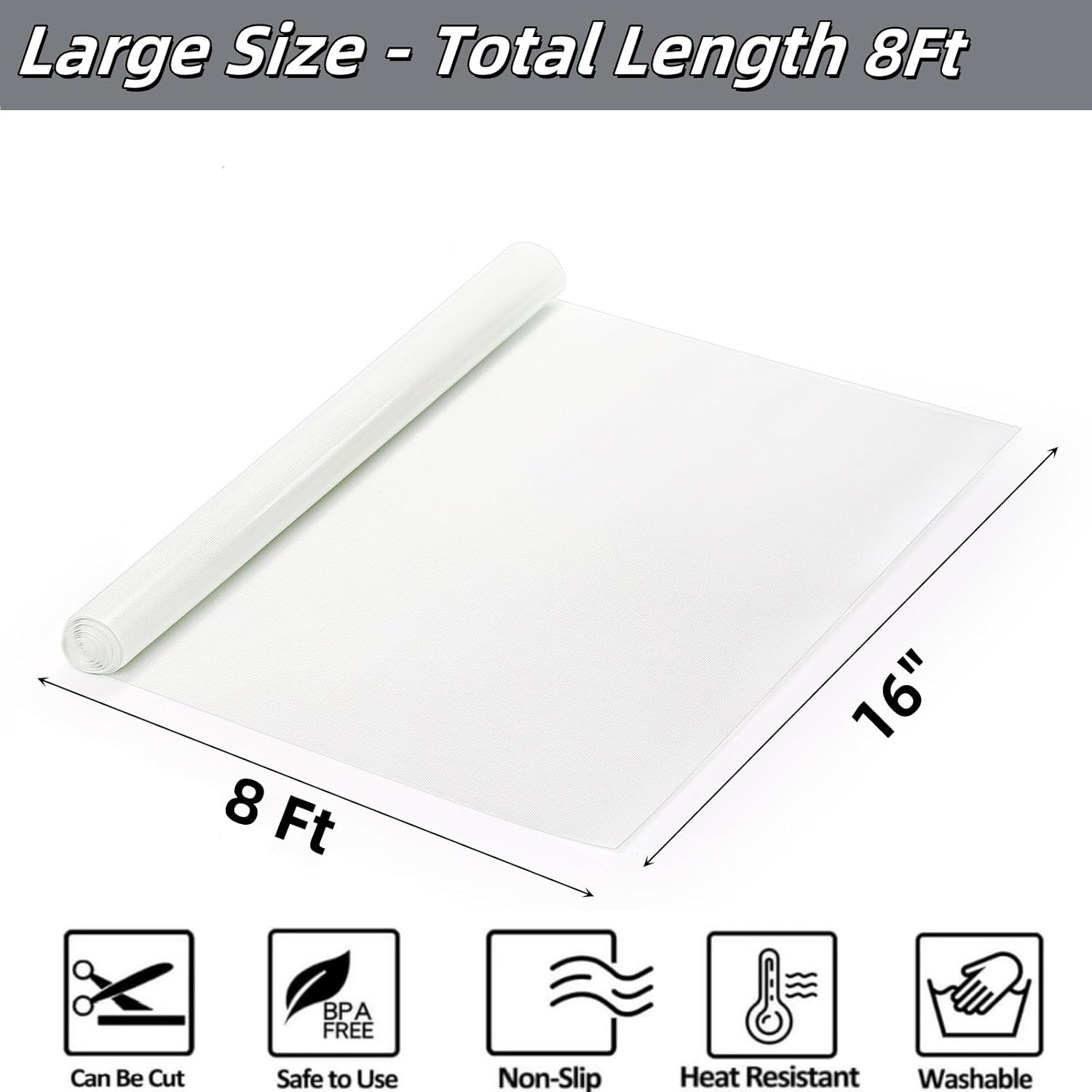 Silicone Baking Mat Roll, 16 In x 8 FT Non-Stick Pastry Mat, Cut to Any Size, Heat Resistant Food Grade Silicone Sheet, Air Fryer Liner for Pie Crust, Pizza Cookies