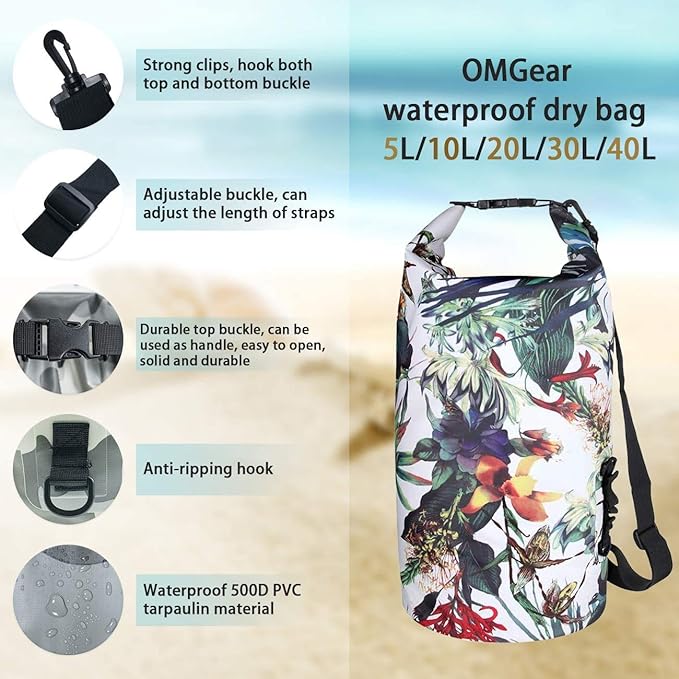 OMGear Waterproof Dry Bag Backpack Phone Pouch 40L/30L/20L/10L/5L Floating Dry Sack for Kayaking Boating Outdoors Activities