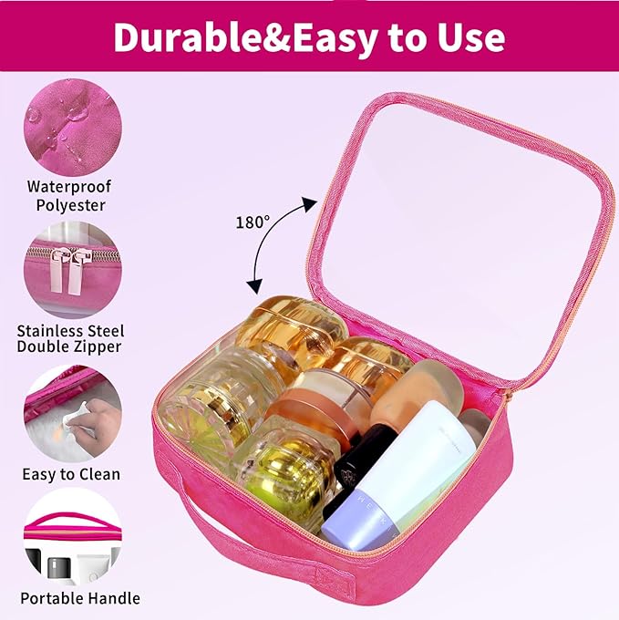 TSA Approved Travel Toiletry Bag,2 Pack Clear Makeup Bags with Handles,Quart Size Clear Cosmetic Bags for Traveling Women,Men,Carry on Airport Airline Compliant Bag,Rose Red