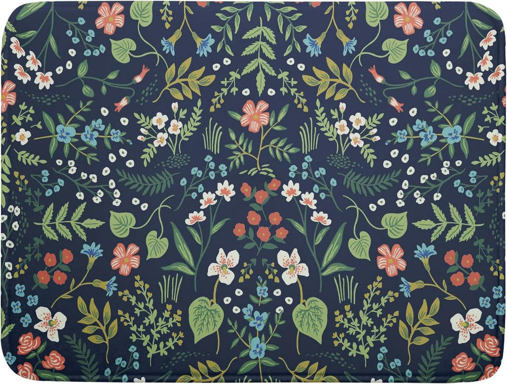 Flower Floral Dish Drying Mat 18x24 inch Microfiber Navy Blue Drying Mats with Hanging Loop Absorbent Green Leaves Dish Drainer Mat Reversible Flowers Drying Pad for Kitchen Counter Sink