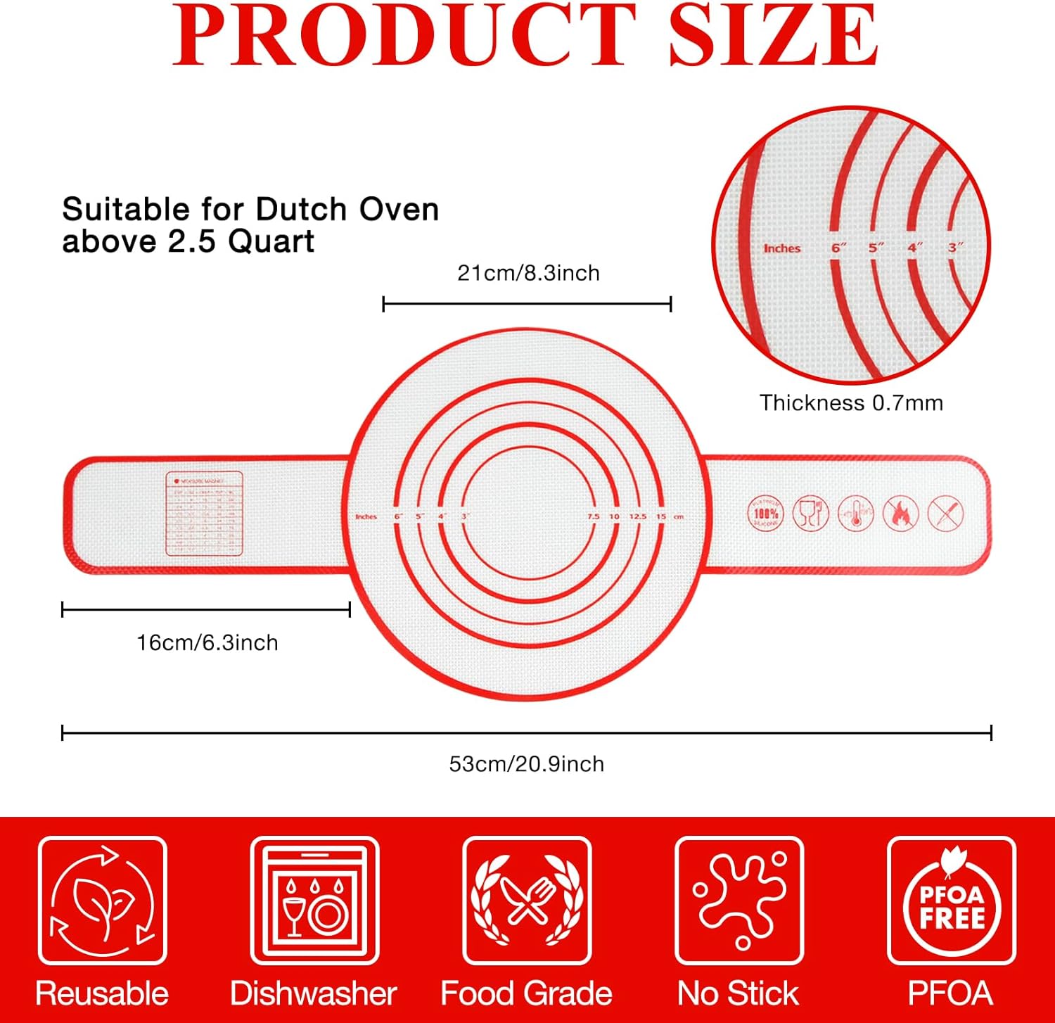 Silicone Bread Sling Dutch Oven Liners Sourdough Bread Baking Supplies Baking Mat With Extra Long Handles for Transfer Dough Pastry Pizza Non-Stick Reusable Heat Resistant 8.3 Inch 2 Pack