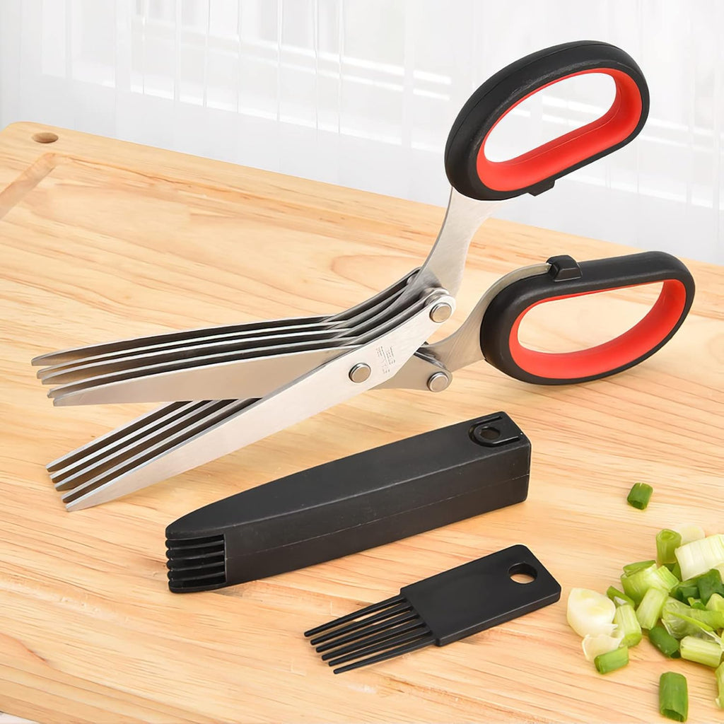 Herb scissors, Multipurpose Cutting Shears with 5 Blade Kitchen Salad Scissors, Safety Cover and Cleaning Comb for Chopping Cilantro Onion Basil Chive Parsley, Black