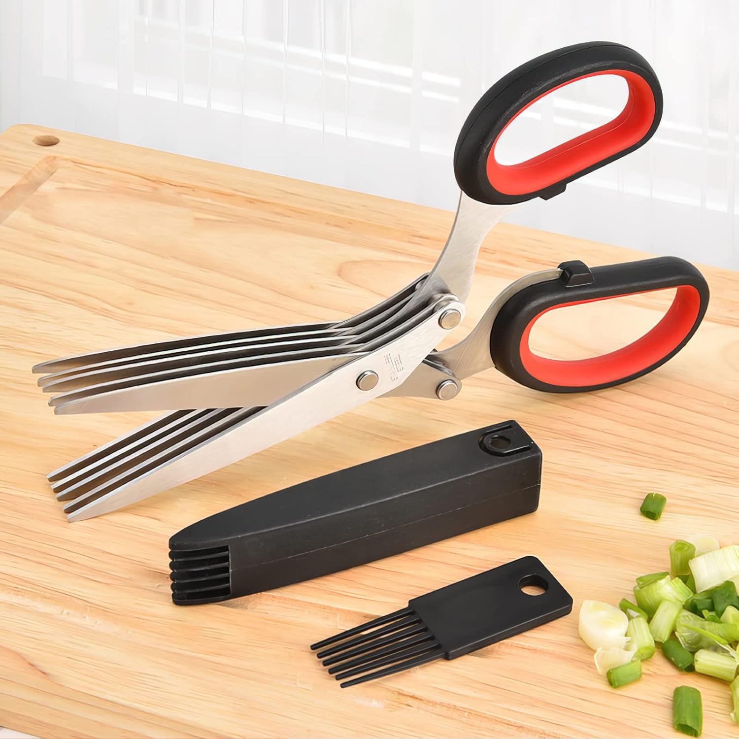 Herb scissors, Multipurpose Cutting Shears with 5 Blade Kitchen Salad Scissors, Safety Cover and Cleaning Comb for Chopping Cilantro Onion Basil Chive Parsley, Black