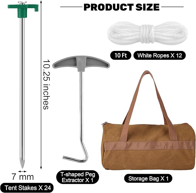Aodaer 24 Pack Tent Stakes Heavy Duty Tent Pegs 10.25 Inch Non-Rust Metal Yard Stakes with 4x10ft Ropes and Storage Bag Inflatable Stakes for Gardening & Canopies, Camping Halloween Christmas, Green