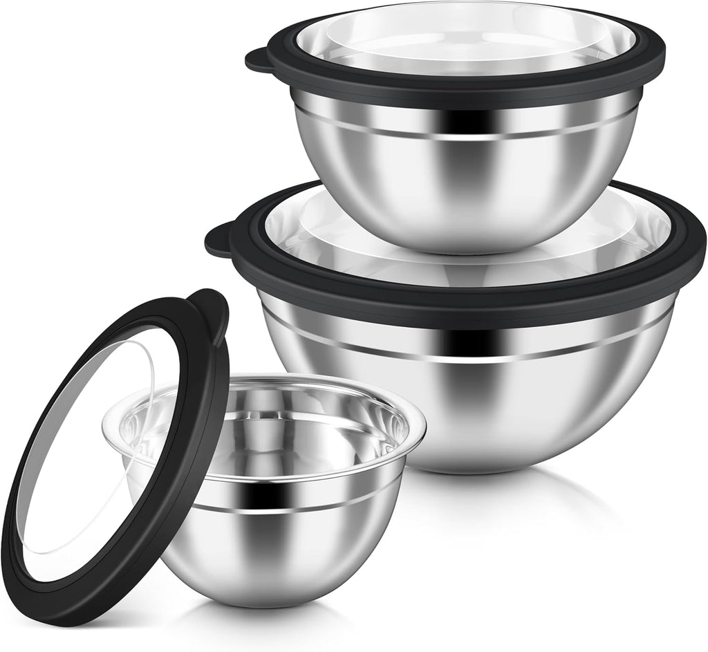 HaWare Mixing Bowls with Airtight Clear Lids, 6-Piece Stainless Steel Strong Nesting Bowls Set, Metal Salad Bowl for Cooking, Prepping, Baking, Serving & Food Storage, Size 4.6, 3, 1.5QT, Black