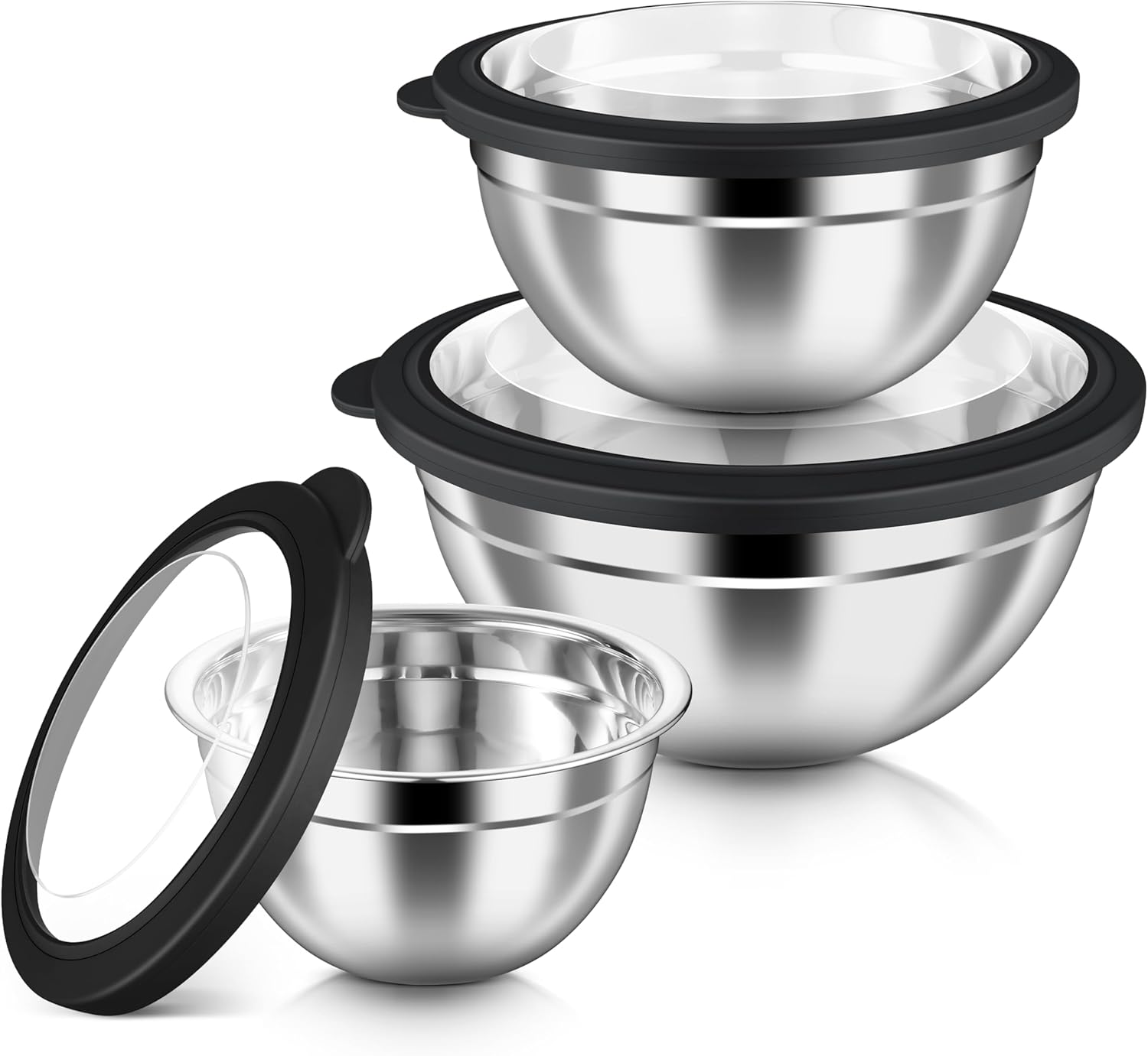 HaWare Mixing Bowls with Airtight Clear Lids, 6-Piece Stainless Steel Strong Nesting Bowls Set, Metal Salad Bowl for Cooking, Prepping, Baking, Serving & Food Storage, Size 4.6, 3, 1.5QT, Black