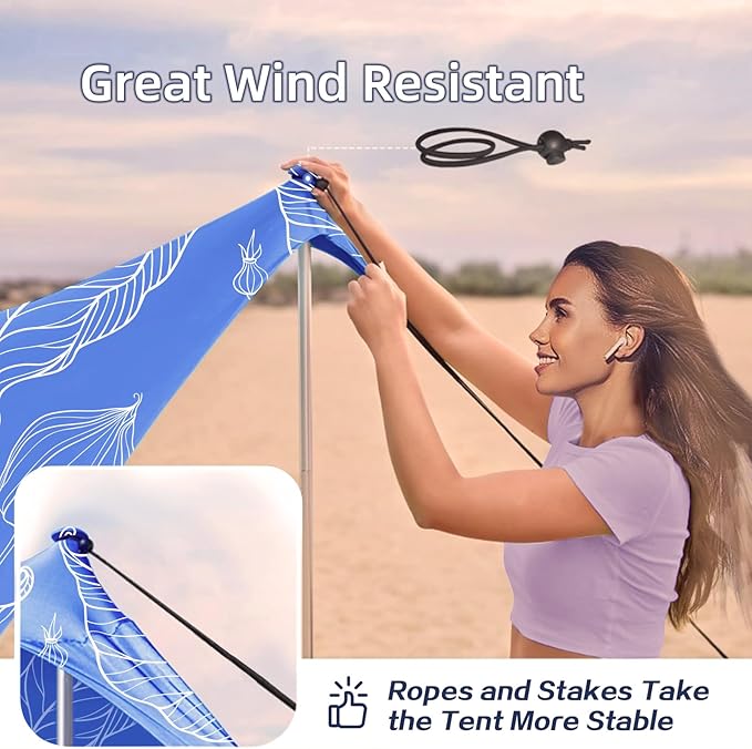 UMARDOO Family Beach Tent Canopy Sun Shade Portable, Large Compact Beach Sun Shelter Easy Setup with Packable Bag for Outdoor Travel (Printed Blue, 10X10 FT. 4Poles)