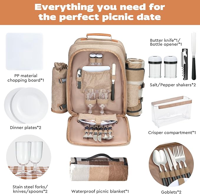 24L Insulated Picnic Basket Leak Proof Picnic Backpack for 2, Light Brown Camping Gifts, Cool Bridal Shower Gifts for Bride & Groom, Mr & Mrs, Anniversary Engagement Wedding for Newly Engaged Couples
