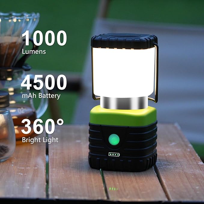 1PCS 3200K Warm Light LED Camping Lantern Rechargeable 1000LM, 4500mAh Power Bank, Flashlight for Hurricane Emergency, Hiking, IP44 Waterproof Lantern(Green)