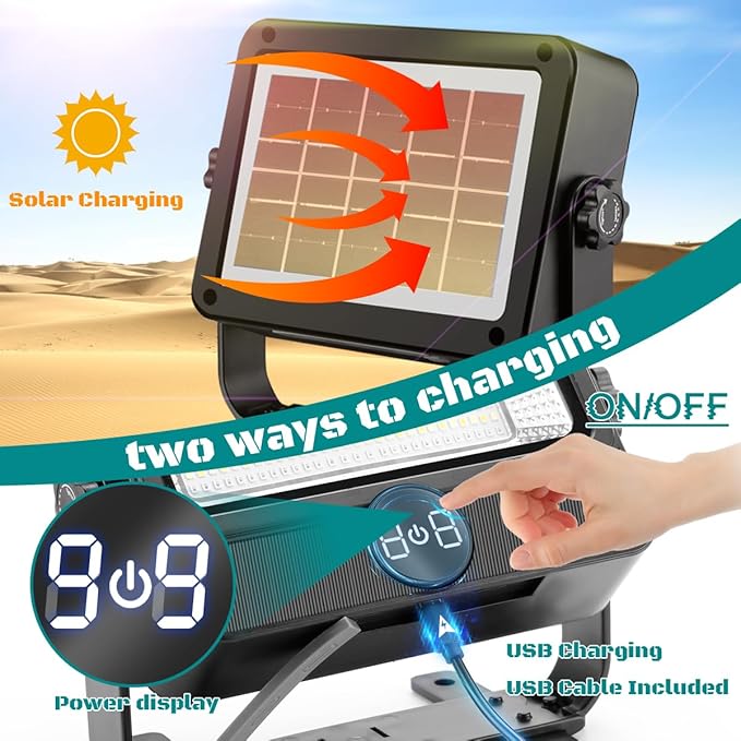 100W LED Work Light Rechargeable, Rechargeable Outdoor Light Solar Camping Lights with Magnetic, 4 Modes, Waterproof Portable Floodlight for Emergency, Repair, Camping