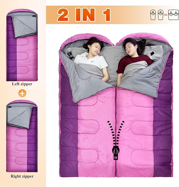 XL 10 Degree Sleeping Bags Waterproof for Adults 350GSM Machine Washable with Compression Sack for 3-4 Season Camping Outdoor