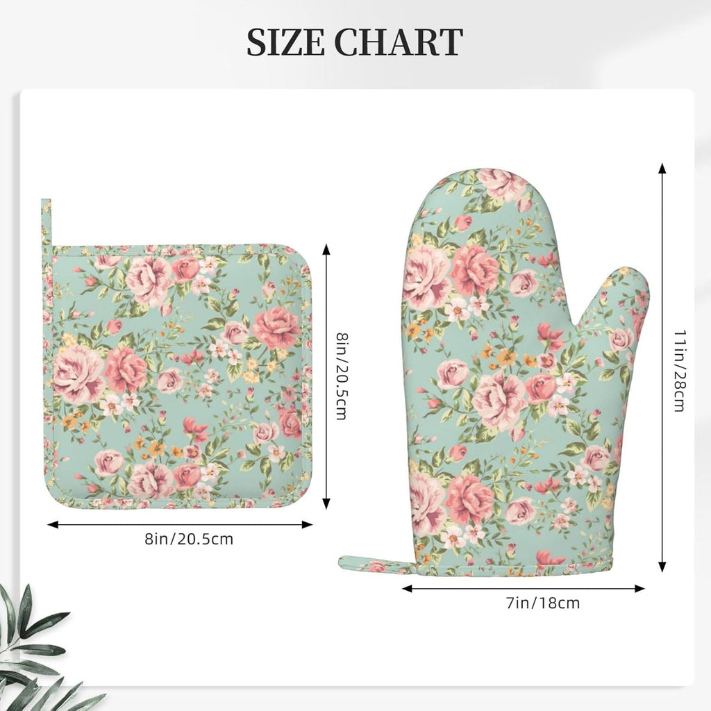 Pink Flower Oven Mitts Pot Holders Set Silicone Vintage Spring Romantic Bloom Floral and Leaf Green Kitchen Oven Mitts Heat Resistant Potholders Non-Slip 4pcs Hot Pads and Oven Gloves Sets