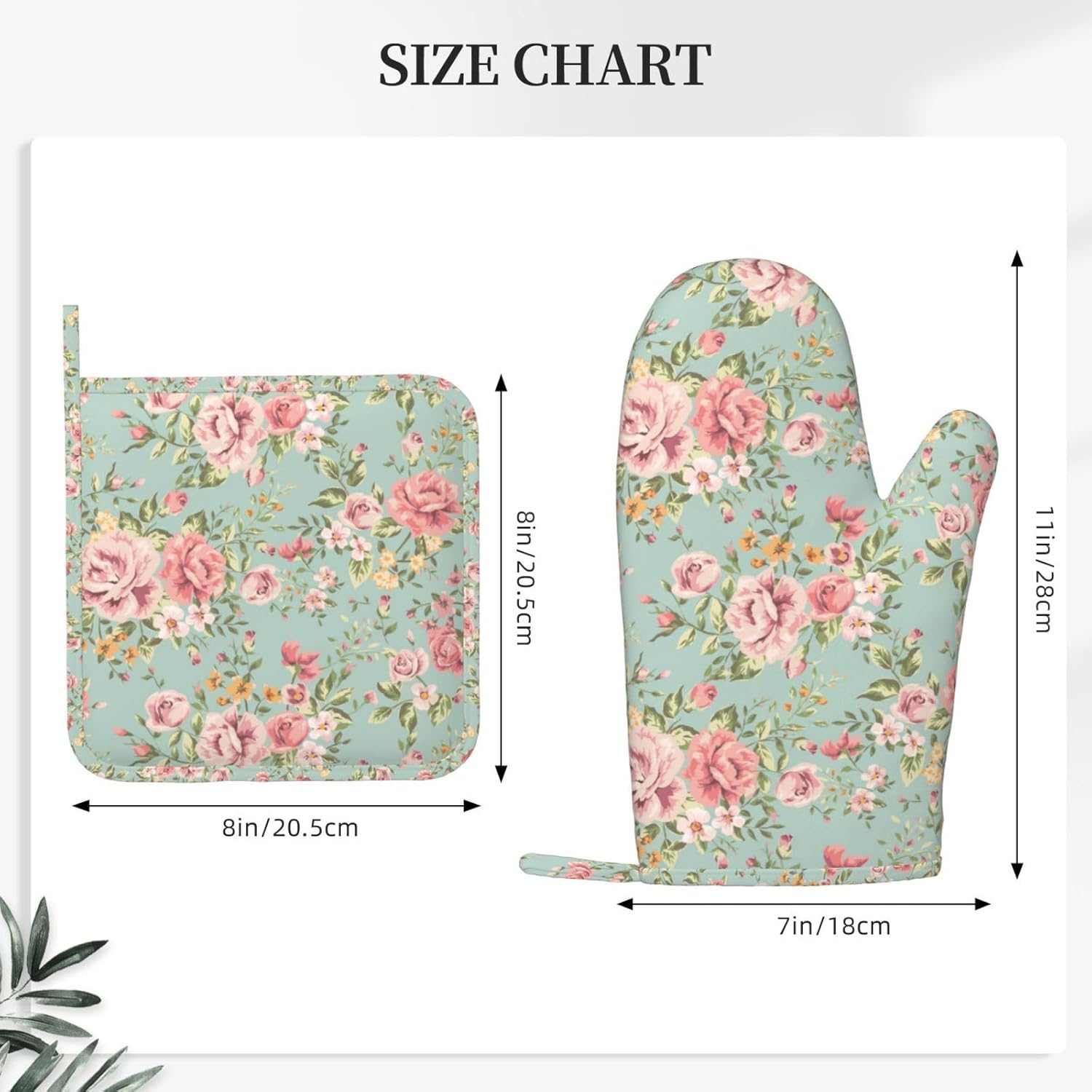 Pink Flower Oven Mitts Pot Holders Set Silicone Vintage Spring Romantic Bloom Floral and Leaf Green Kitchen Oven Mitts Heat Resistant Potholders Non-Slip 4pcs Hot Pads and Oven Gloves Sets
