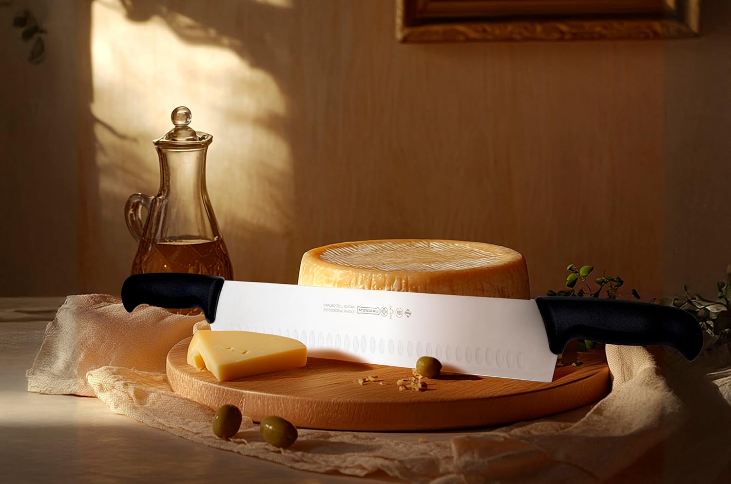 Mundial 16-Inch Carbon Stainless Steel Cheese Slicer Knife – Double Handle, Granton Edge for Non-Stick Cutting, Includes Safety Sleeve Protector, Ideal for Blocks of Cheese