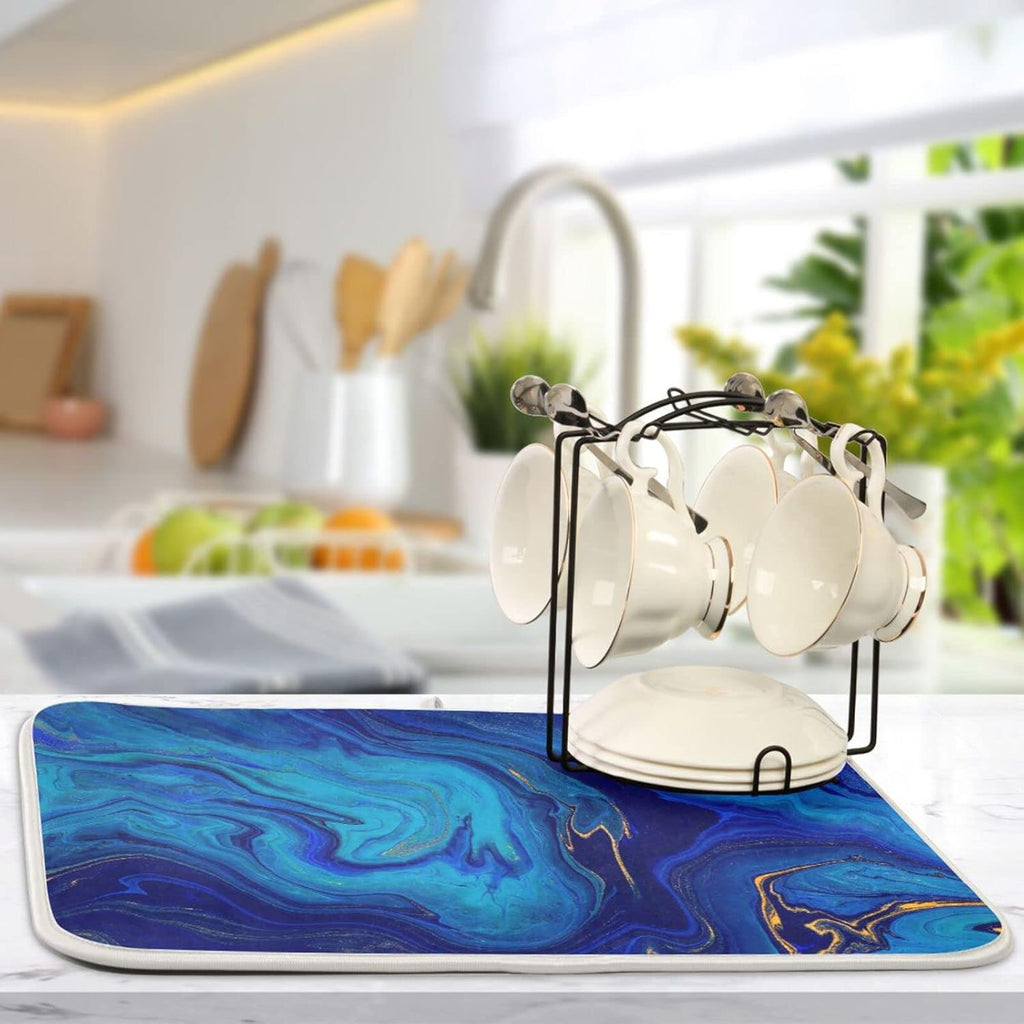 Super Absorbent Dish Drying Mat, Microfiber Fast-Drying Dish Mat, 24" x 18", Kitchen Dish Drying Pad, Navy Blue Gold Marble