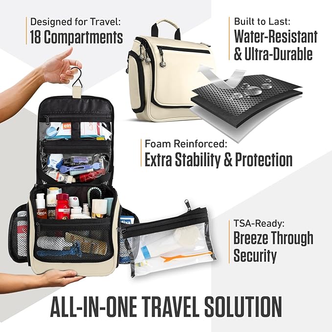 VENTURE 4TH Hanging Travel Toiletry Bag for Women & Men - Travel Organizer with Expandable Compartments & Removable Clear Pouch for Toiletries (Beige)