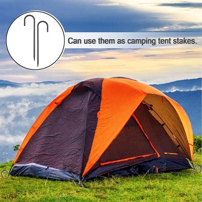 Rebar Stakes 12 Inch 6 Pack Tent Stakes Heavy Duty Metal J Hook, Fence Stakes for Trampoline, Fence, Camping Tent (6, J-12 x5/16 Black)