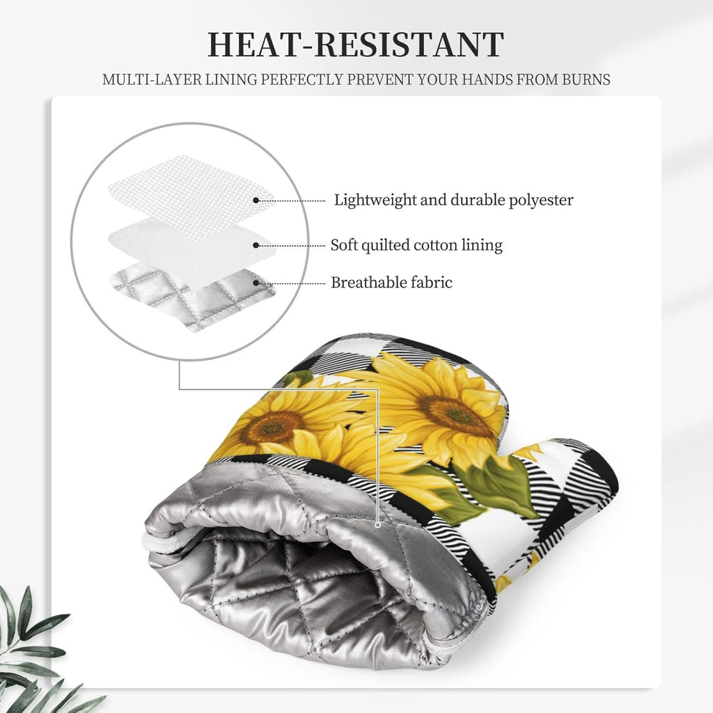 Sunflower Black White Buffalo Plaid Oven Mitts and Pot Holders Sets Silicone Yellow Floral Lumberjack Check Kitchen Mitts Potholders Heat Resistant 4Pcs Oven Gloves Hot Pads for Kitchen