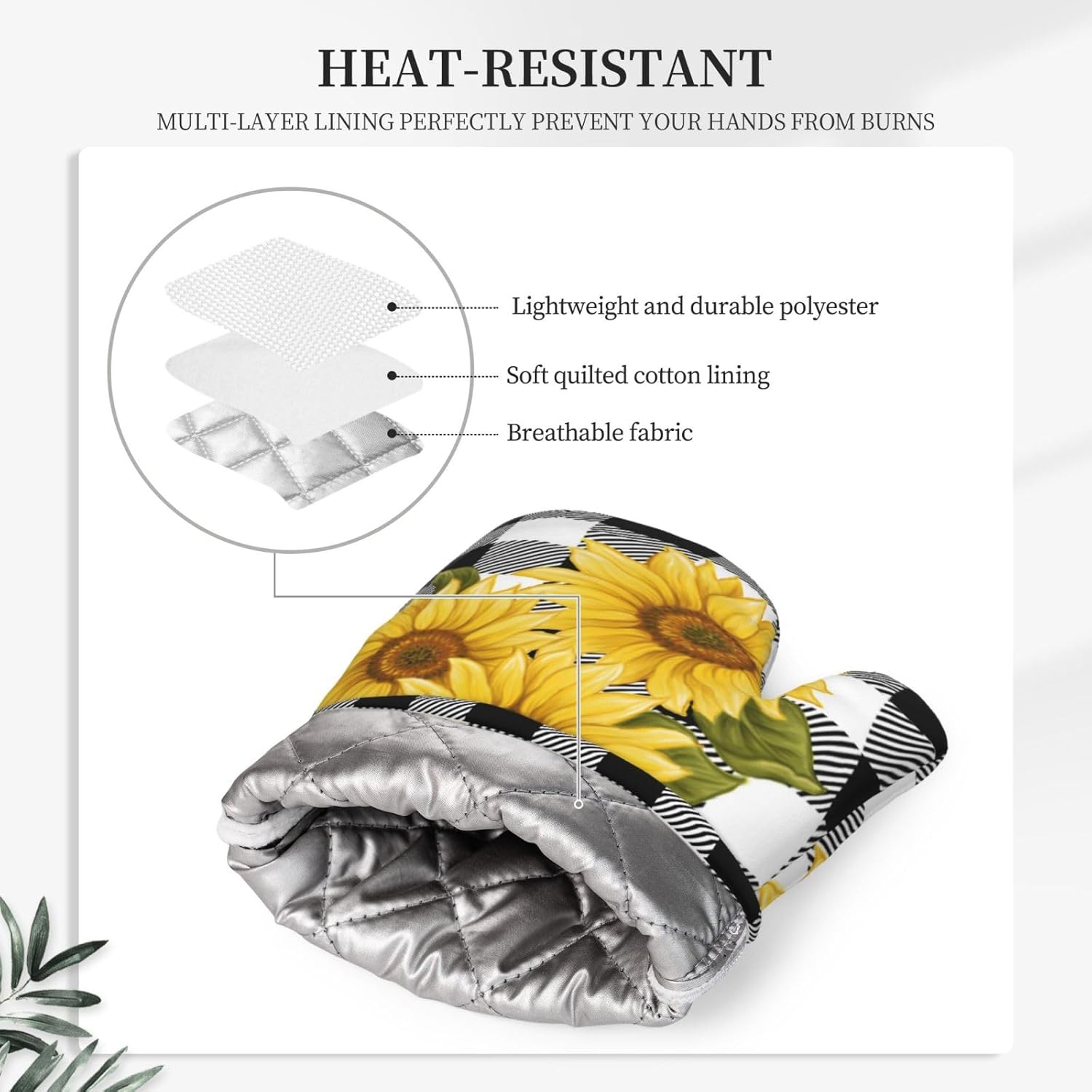 Sunflower Black White Buffalo Plaid Oven Mitts and Pot Holders Sets Silicone Yellow Floral Lumberjack Check Kitchen Mitts Potholders Heat Resistant 4Pcs Oven Gloves Hot Pads for Kitchen