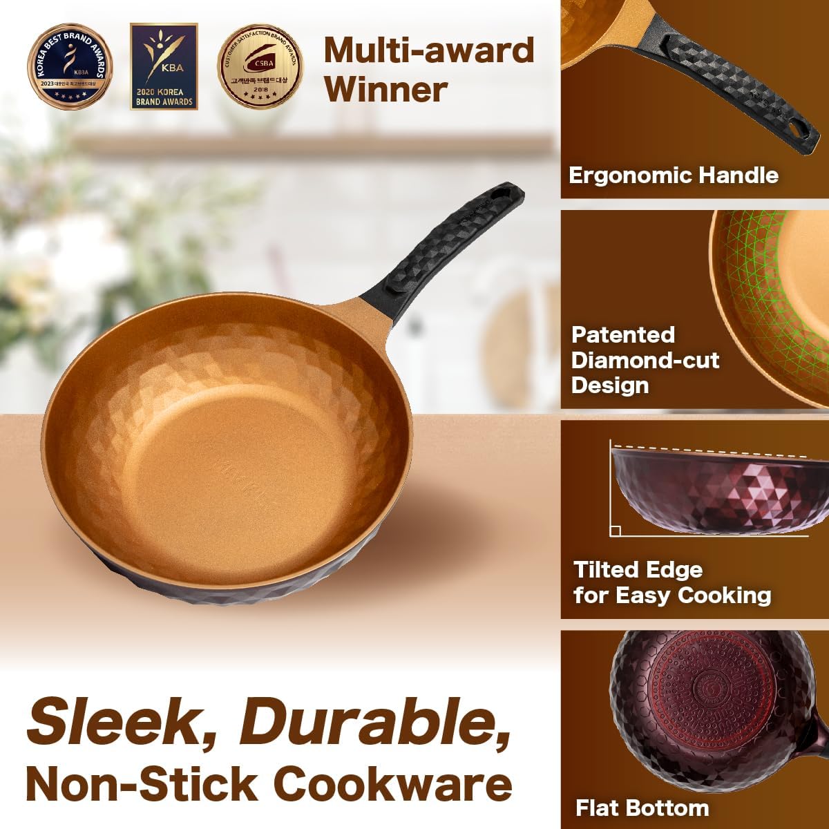 Diamond X Premium Non Stick Wok Pan with Lid - 11" Large Flat Bottom Chinese Wok - Woks & Stir-fry Pans Nonstick - Titanium-Coated 8-Layered Korean Engineered Skillet for Frying, Oil-Free, PFOA-Free