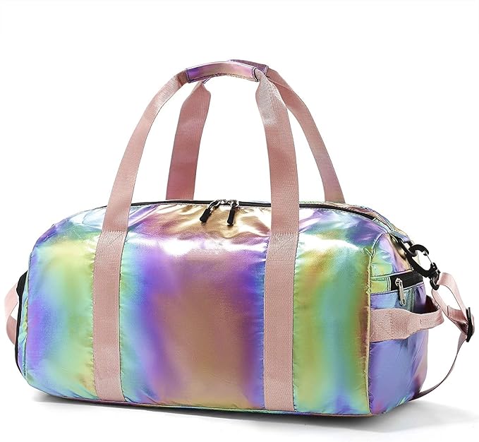Gym Duffel Bag Women Overnight Medium Lightweight Foldable Weekender Travel Luggage Sport Athletic Water-Proof Dry Wet Shoe Compartment for Girls Kids, Rainbow, onesize