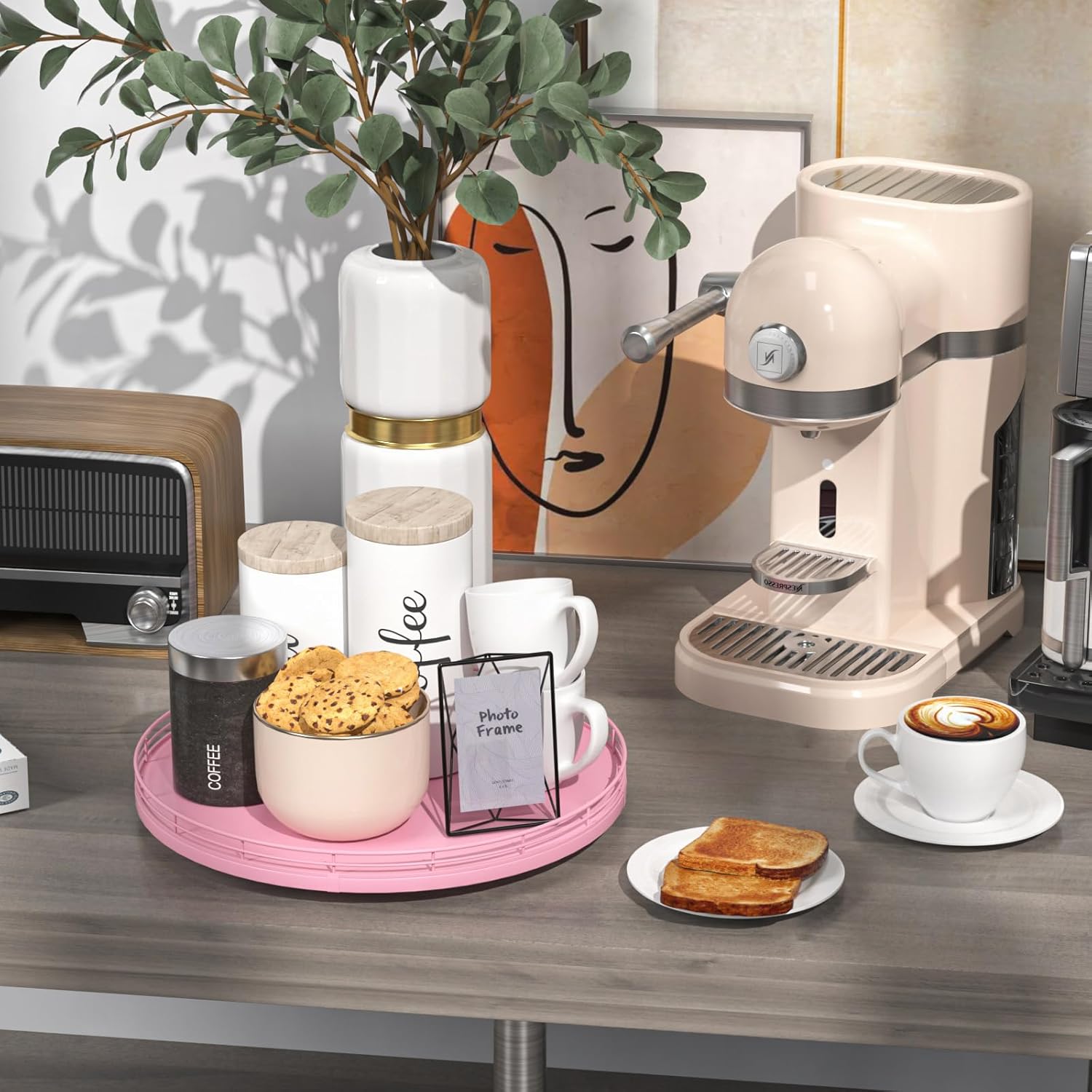 13" Oak Wood Lazy Susan Organizer, Lazy Susan for Cabinet Dining Table Pantry Wood Turntable Organizer Tray for Coffee Table Kitchen Countertop Spinning Spice Can Organization and Storage Round Pink