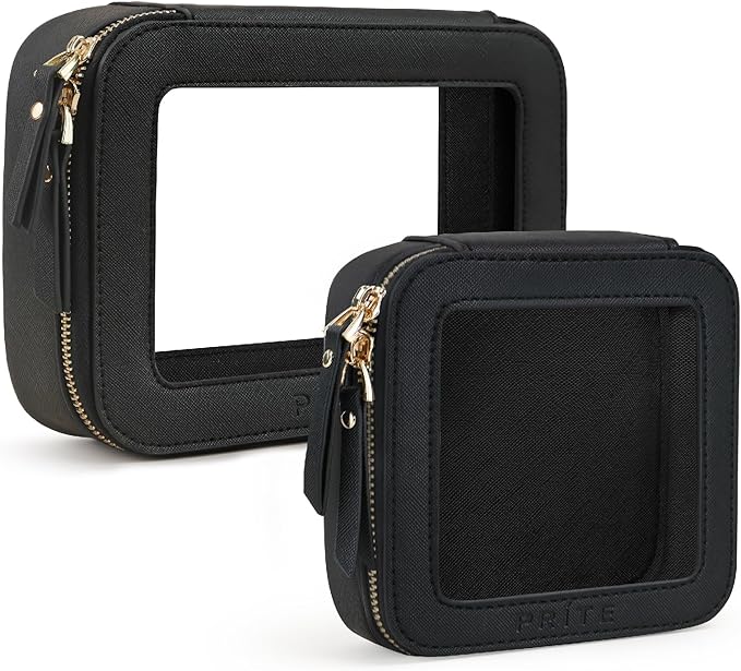 Prite Clear Makeup Bag Set for Women Portable Clear Makeup Bag Cute Waterproof Travel Cosmetic Bag with Gold Zipper for Car Essentials(Black)