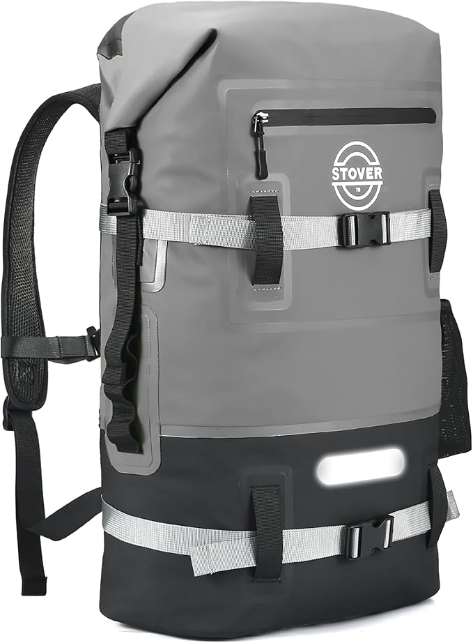 STOVER 5/10/25/30/40/55L Waterproof Dry Backpack- Large Floating Dry Bag for Kayaking, Travel, Tubing, Hiking, Fishing, Camping, Motorcycles & the Beach, Heavy-Duty Roll Top Men/Women (Grey)