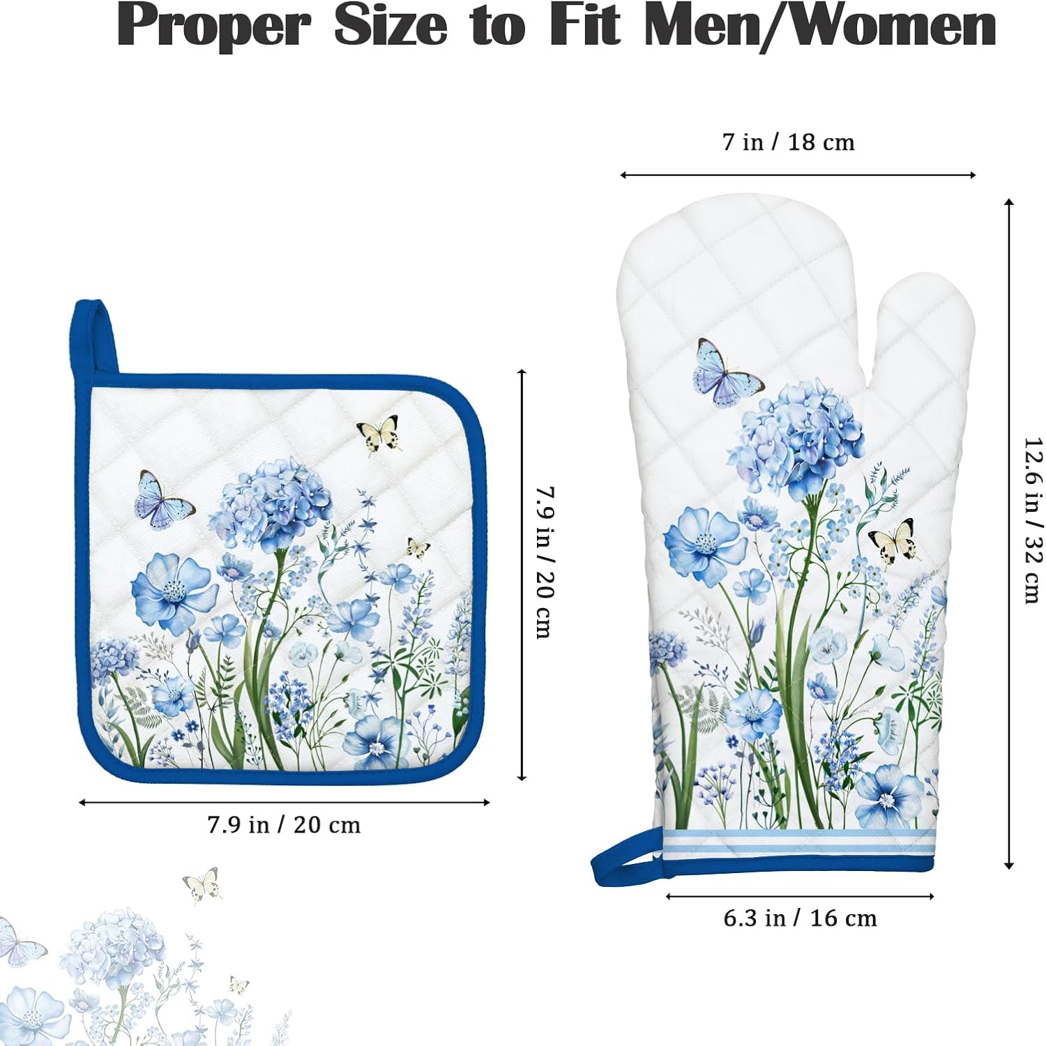 Blue Floral Oven Mitts and Pot Holders Sets 2Pcs, 100% Cotton Heat Resistant, Extra Long Oven Gloves Potholder for Kitchen Cooking Baking Decoration