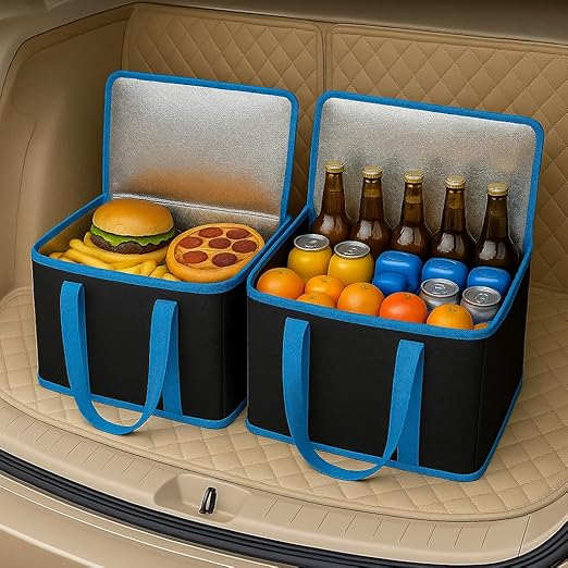 2-Pack Trunk Organizer for Car - Car Organizer, Foldable Trunk Organizer for SUVs & Sedans, Sturdy Car Organization for Car Accessories, Tools, Sundries, Black, 2 Compartments Insulated Picnic Basket