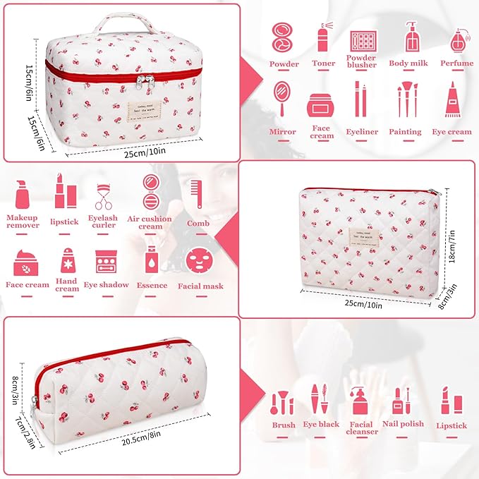 3pc Makeup Bag Set, Quilted Makeup Bag Set, Large Floral Cosmetic Bag for Women, Cute Cotton Makeup Bags, Flower Travel Toiletry Organizer Bag (Pink Cherry Flowers)