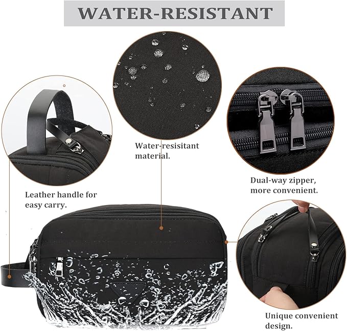 Mens Toiletry Bag Travel Leather Toiletry Organizer Dopp Kit for Men Water-resistant Shaving Bag for Bathroom (Black)