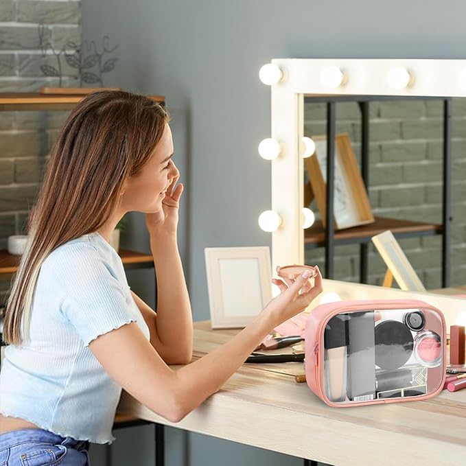 Moyad TSA Approved Clear Toiletry Bag, 2 Pack Quart Size 3-1-1 Liquids Pouch for Travel, Transparent Makeup & Cosmetic Organizer for Women Men, Peach Pink