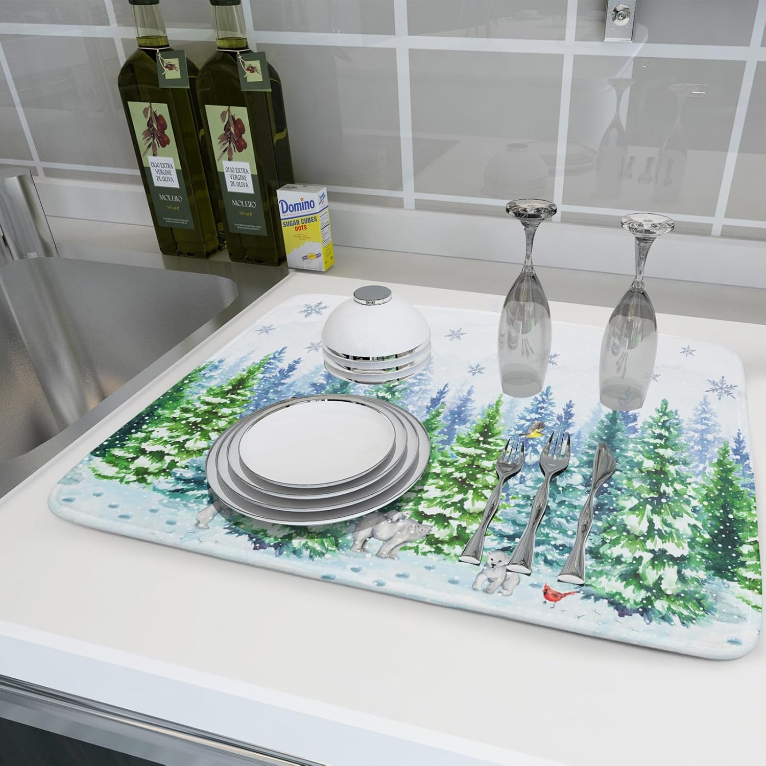 Winter Bear Bird Dish Drying Mat - Welcome Christmas Snowflake Drying Pad for Counter Forest Wildlife Dish Drainer Mat Cabin Animal Kitchen Accessories 18 x 24 Inch
