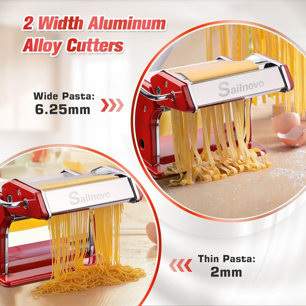 Sailnovo Pasta Maker Machine, 180 Roller Pasta Maker, 9 Adjustable Thickness Settings 2-in-1 Noodles Maker with Rollers and Cutter, Perfect for Spaghetti, Fettuccini, Lasagna or Dumpling Skin Red