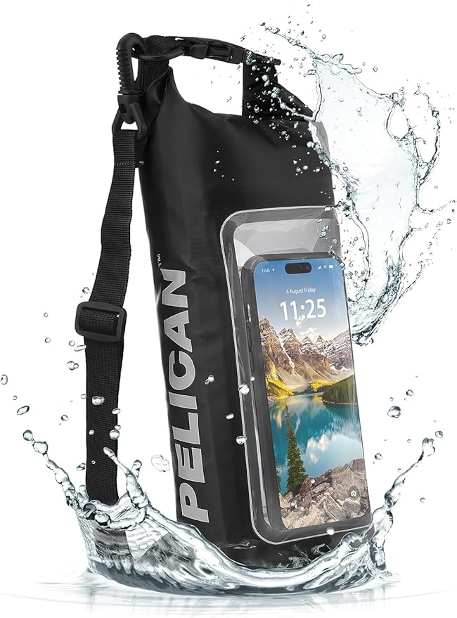 Pelican Marine IP68 Waterproof Dry Bag 2L - Roll Top Waterproof Backpack w/ Phone Case / Pouch - Boating & Kayak Accessories - Essentials for Camping Swimming Beach Fishing Rafting Travel - Black