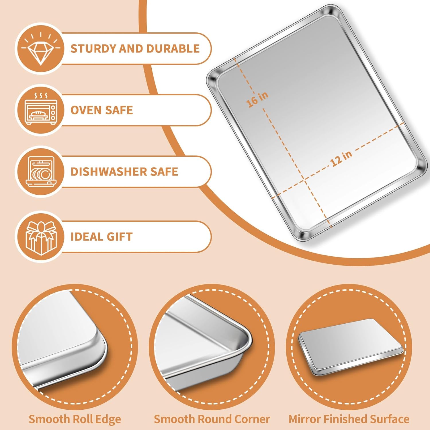 Stainless Steel Baking Sheet Set of 2, Deedro Cookie Sheet Metal Baking Pan Oven Tray, Non Toxic & Heavy Duty, Rust Free & Mirror Finish, Easy Clean & Dishwasher Safe, 16 x 12 x 1 Inch