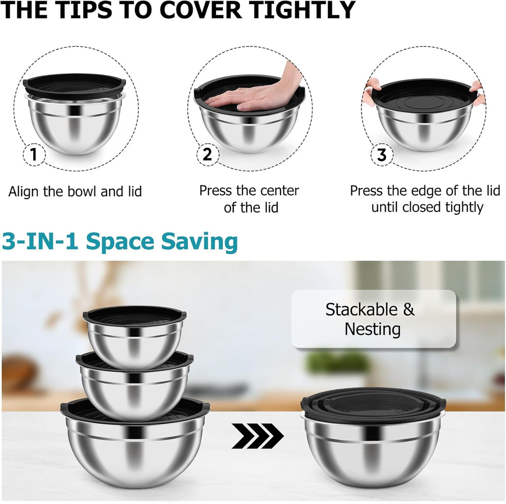 TeamFar Mixing Bowls, 4.6/3 / 1.5 QT, Stainless Steel Nesting Salad Bowls with Airtight Lids Set, For Serving/Mixing/Storing, Healthy & Long-lasting, Dishwasher Safe & Easy Clean, Black