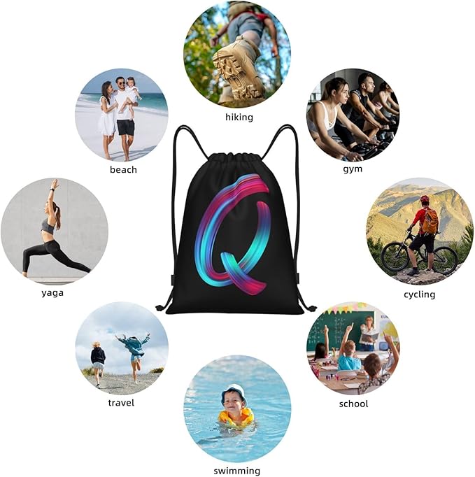 Drawstring Bags Initial Drawstring Backpack Sackpack Black Draw String Cinch Bags for Sports, Gym, Travel, Swimming, Beach, Camping, Rainbow Letter Q