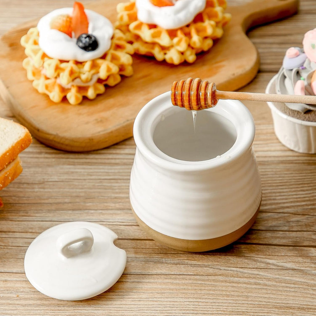 Ceramic 12 Ounce Honey Jar and Dipper Set,Porcelain Honey Pot with Lid and Wooden Dipper,Cute Honey Containers for Party,Holiday,Halloween Favors,Farmhouse Kitchen Decor,Dishwasher Safe,White